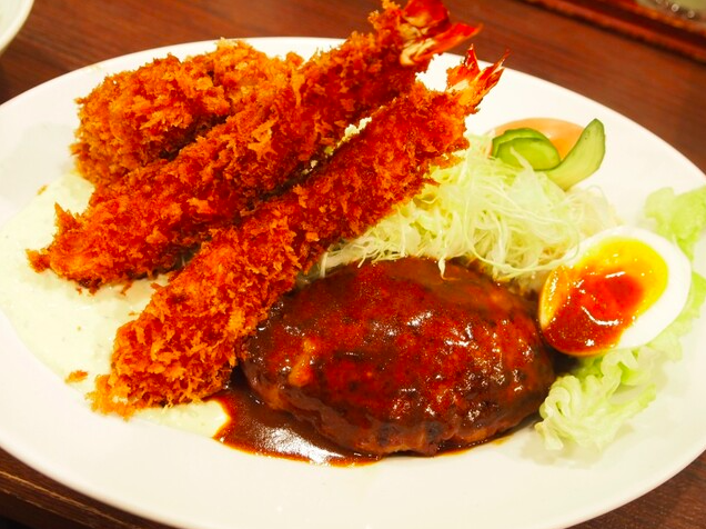 ハンバーグ&エビフライ2尾+カキフライトッピング